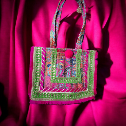 XLarge size Tote Bag in imported Fuscia Jacquard fabric with frill borders