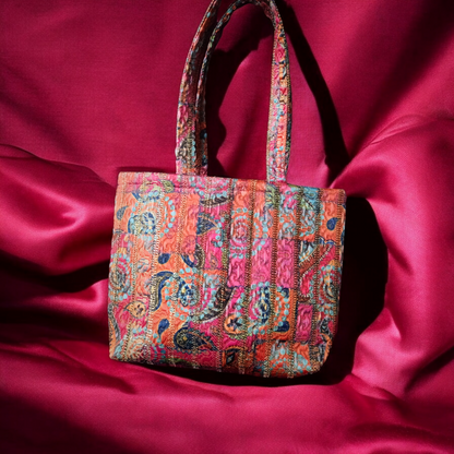 XLarge size Tote Bag in imported Fuscia Jacquard fabric with frill borders