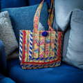 XLarge Size Tote in Zari Jacquard fabric with blue pompom