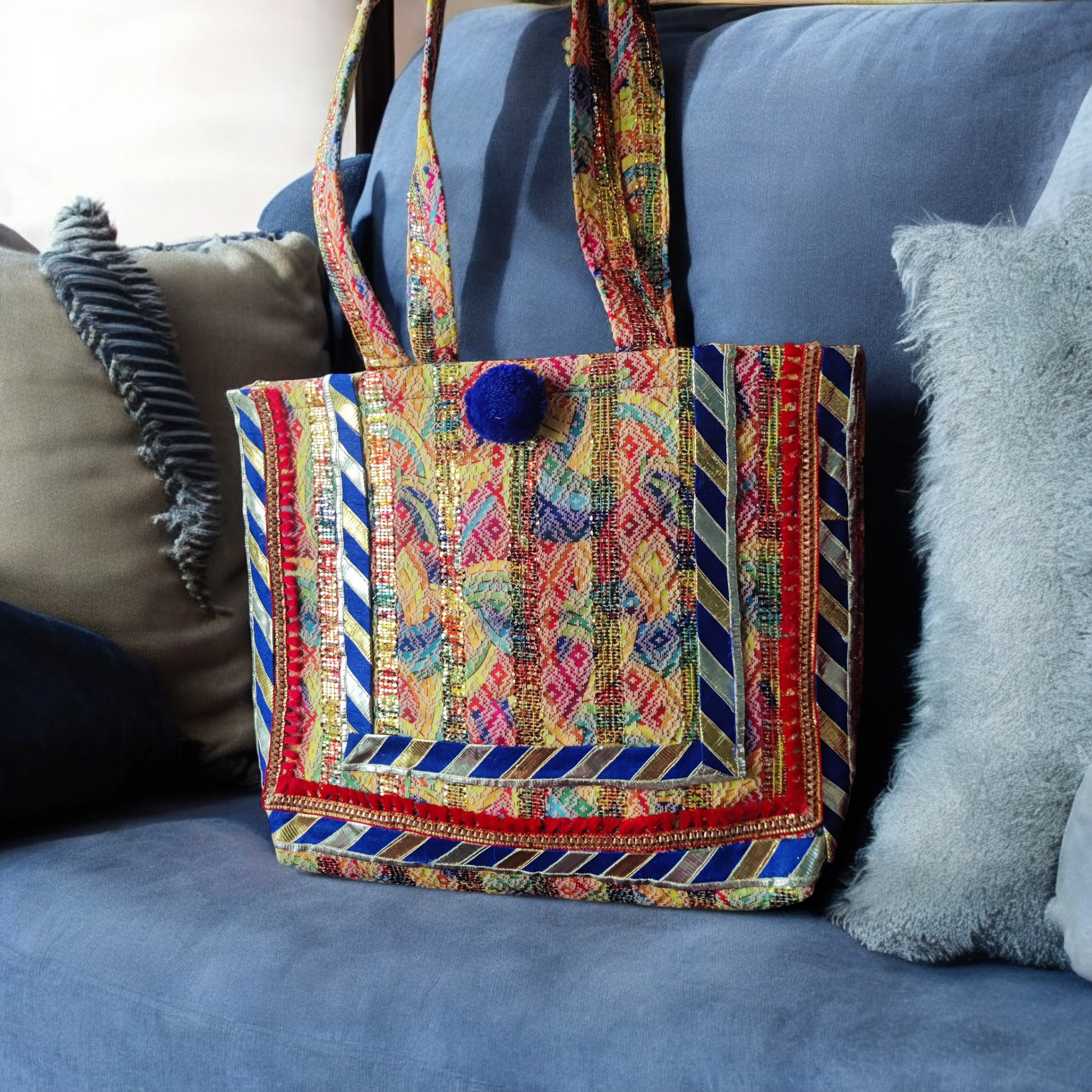 XLarge Size Tote in Zari Jacquard fabric with blue pompom