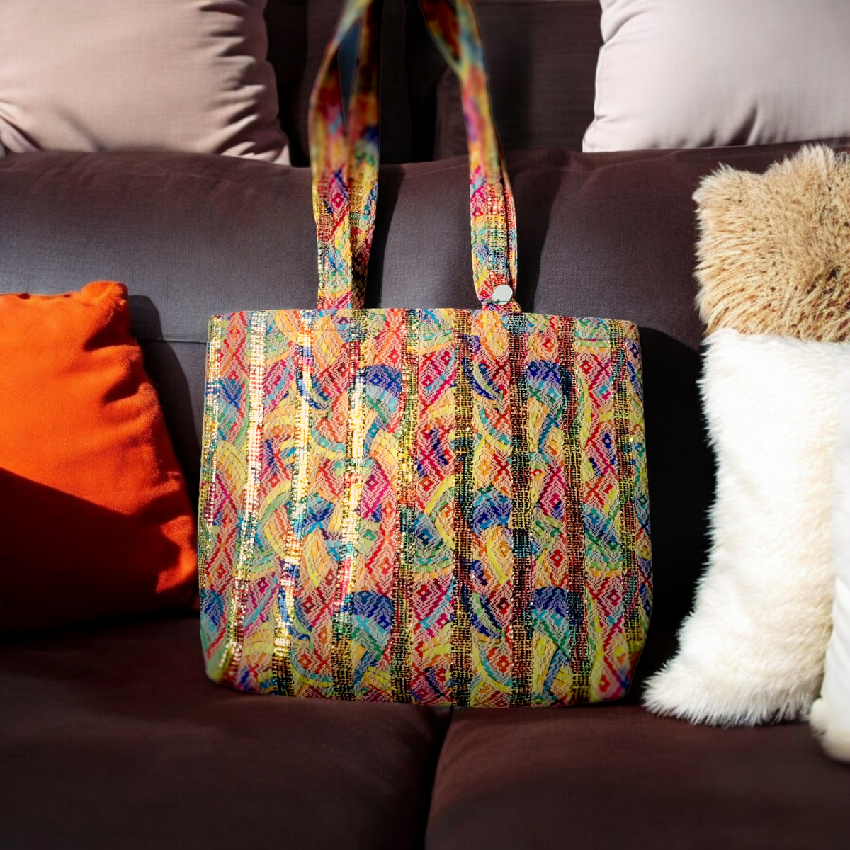 XLarge Size Tote in Zari Jacquard fabric with blue pompom