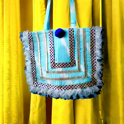 Sky blue XLarge size Tote in Leheriya Silk fabric