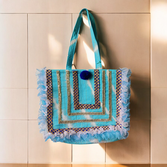 Sky blue XLarge size Tote in Leheriya Silk fabric