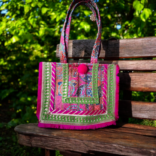 XLarge size Tote Bag in imported Fuscia Jacquard fabric with frill borders