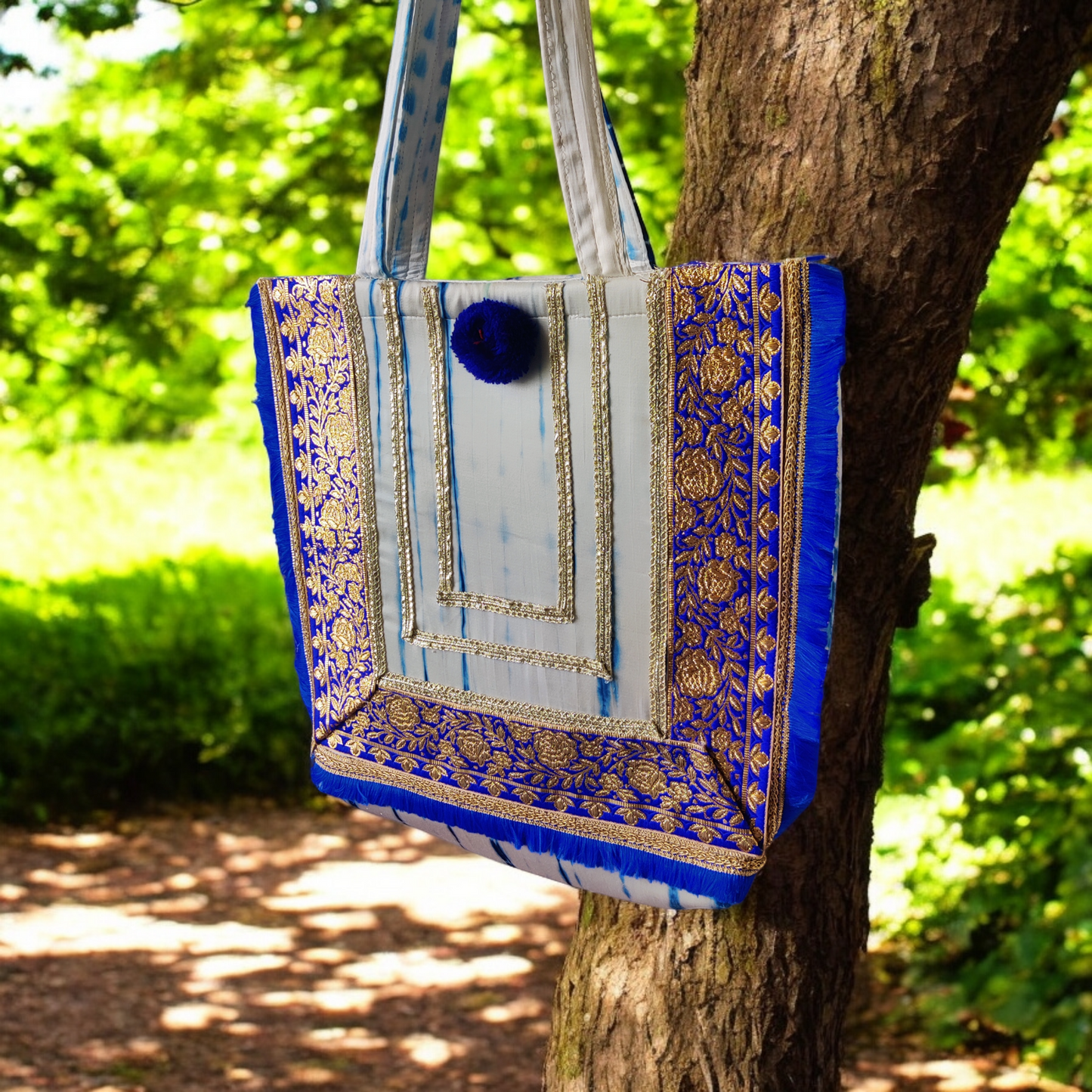 Large size Tie and Dye White n Blue Tote Bags with fringe lace details