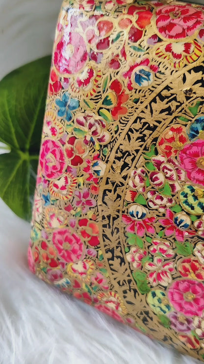 Kashmiri Papier Mache handmade clutch in Red n Pink Floral pattern