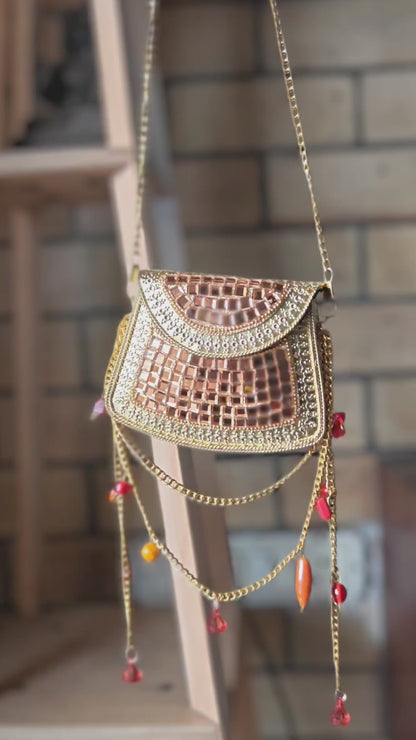 Sheesh Mahal Nano bags - Rose Gold with brass and red beads