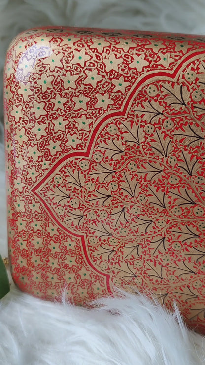 Kashmiri Papier Mache handmade clutch in red n gold Chinar motifs