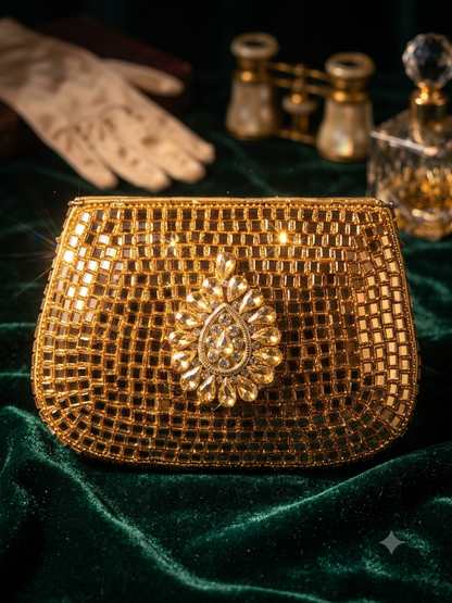 Sheesh Mahal Buta glass mosaic brass clutch Gold square
