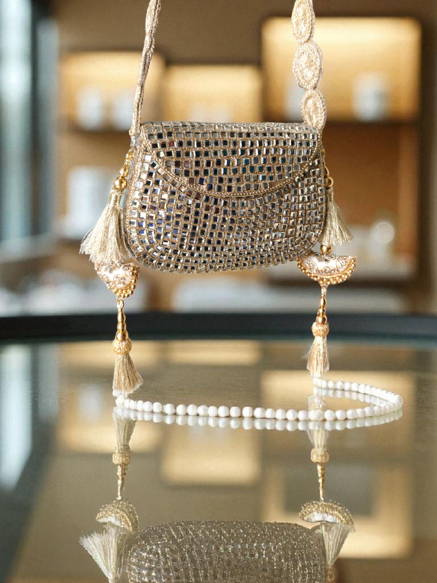 Sheesh Mahal - Glass mosaic Brass Bag in Silver tone