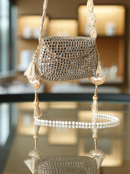 Sheesh Mahal - Glass mosaic Brass Bag in Silver tone