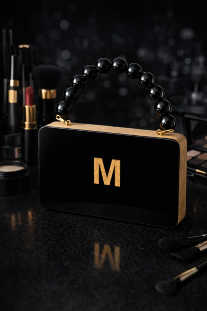 Colour Block Personalized wooden Clutch in beaded handle