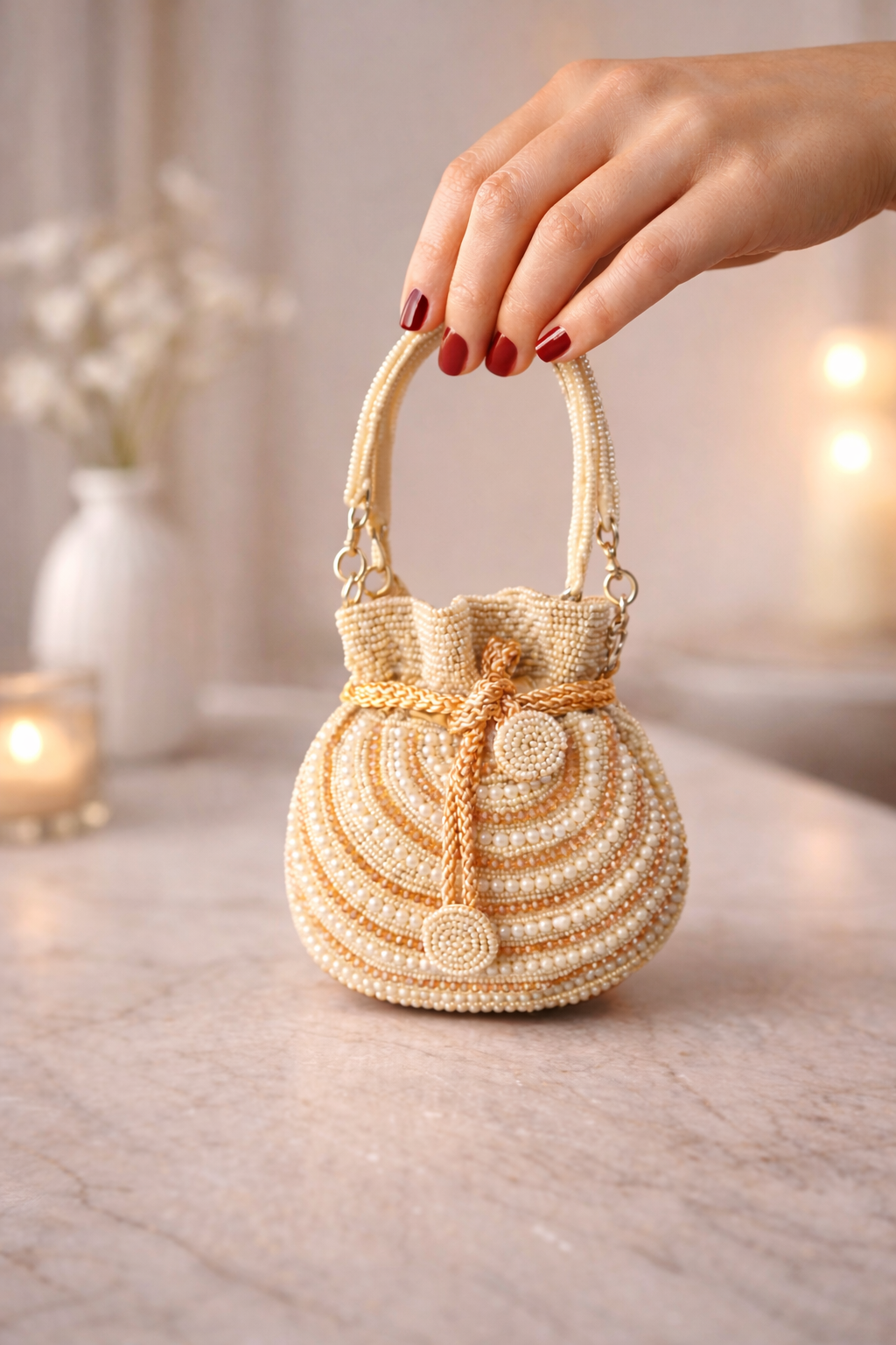 The Mini Embroidered Potli in beads, crystals and pearls