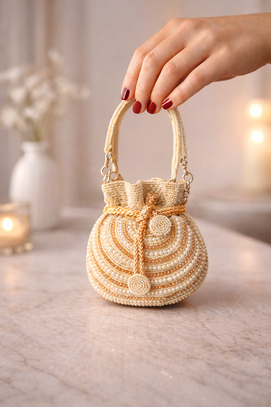 The Mini Embroidered Potli in beads, crystals and pearls