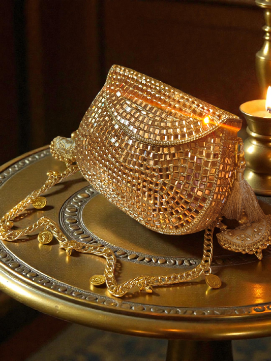 Sheesh Mahal - Glass Mosaic Brass Bag in Rose Gold Tone