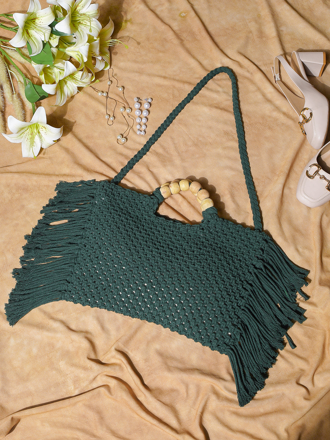 Fringed Boho Macrame Bag - Bottle green