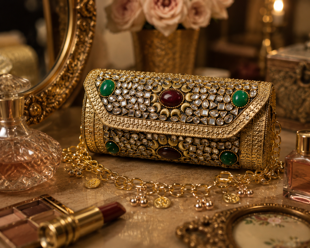 Sheesh Mahal Dholki Clutch in kundan n stones