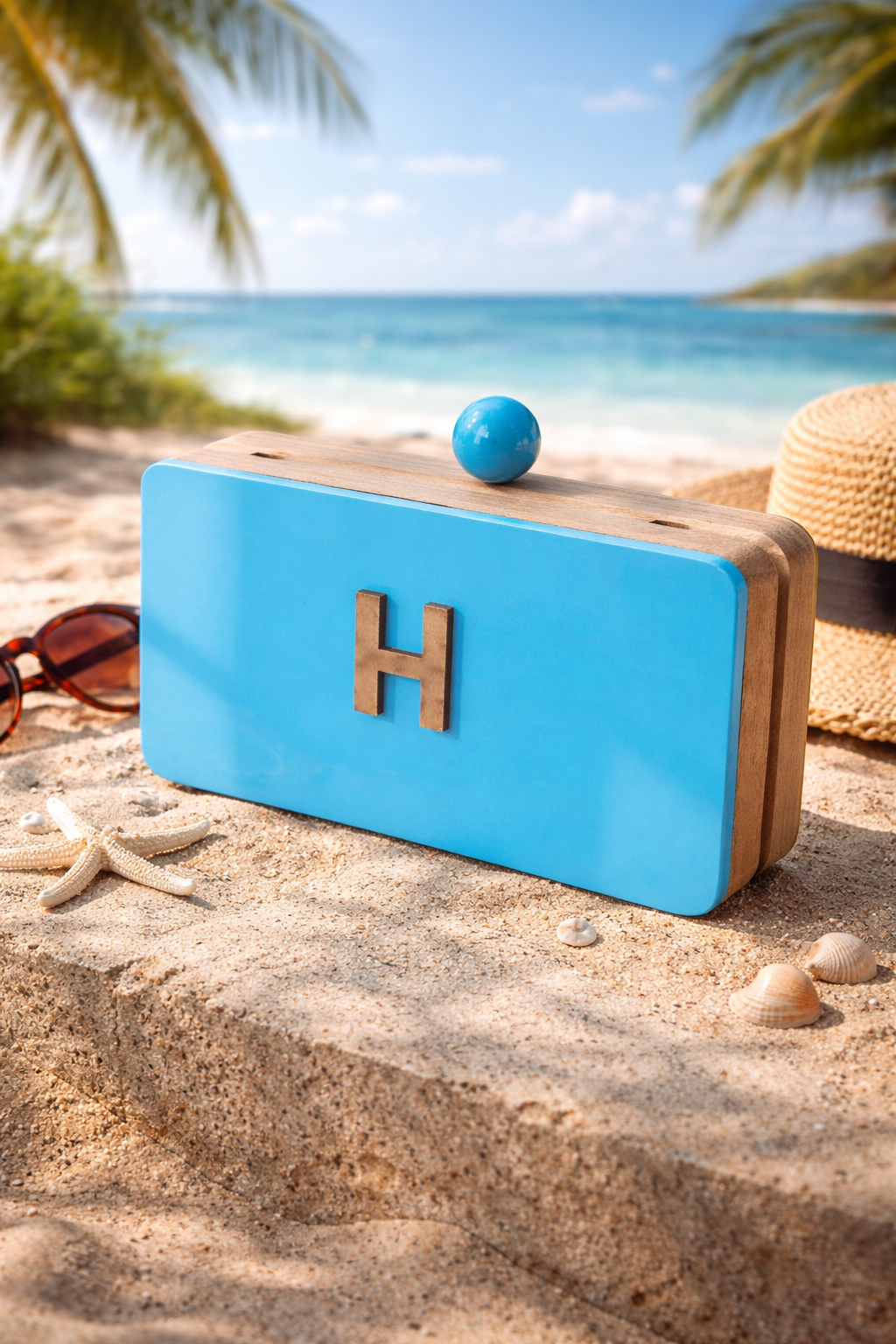 Colour Block Customized Name Initial clutch in wood and enamel