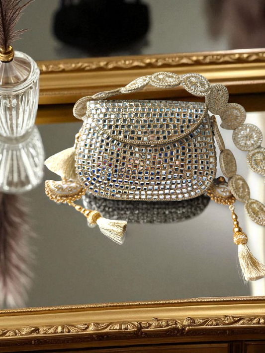 Sheesh Mahal - Glass mosaic Brass Bag in Silver tone