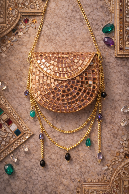 Sheesh Mahal Nano Bags- Rose Gold with Green Crystals