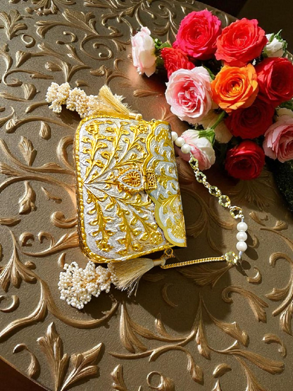 Dual-Tone Rectangular Gold & Silver Engraved Pouch with side Tassels