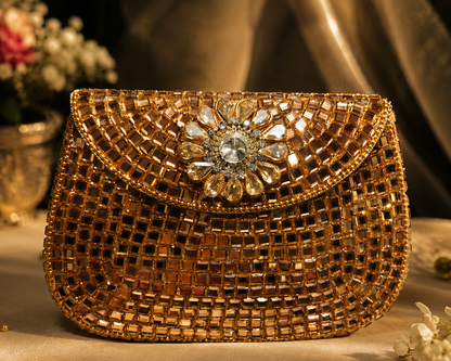 Sheesh Mahal Buta glass mosaic brass clutch Gold square