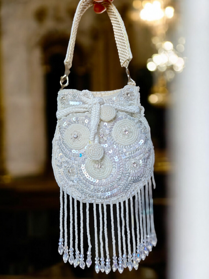 The Mini Embroidered Potli in Sparkling White sequins n crystals