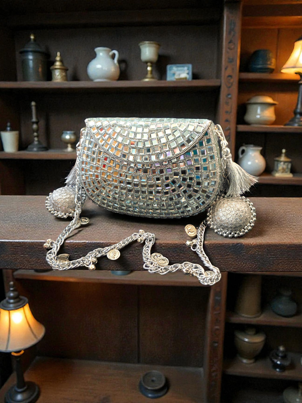 Sheesh Mahal - Glass mosaic Brass Bag in Silver tone