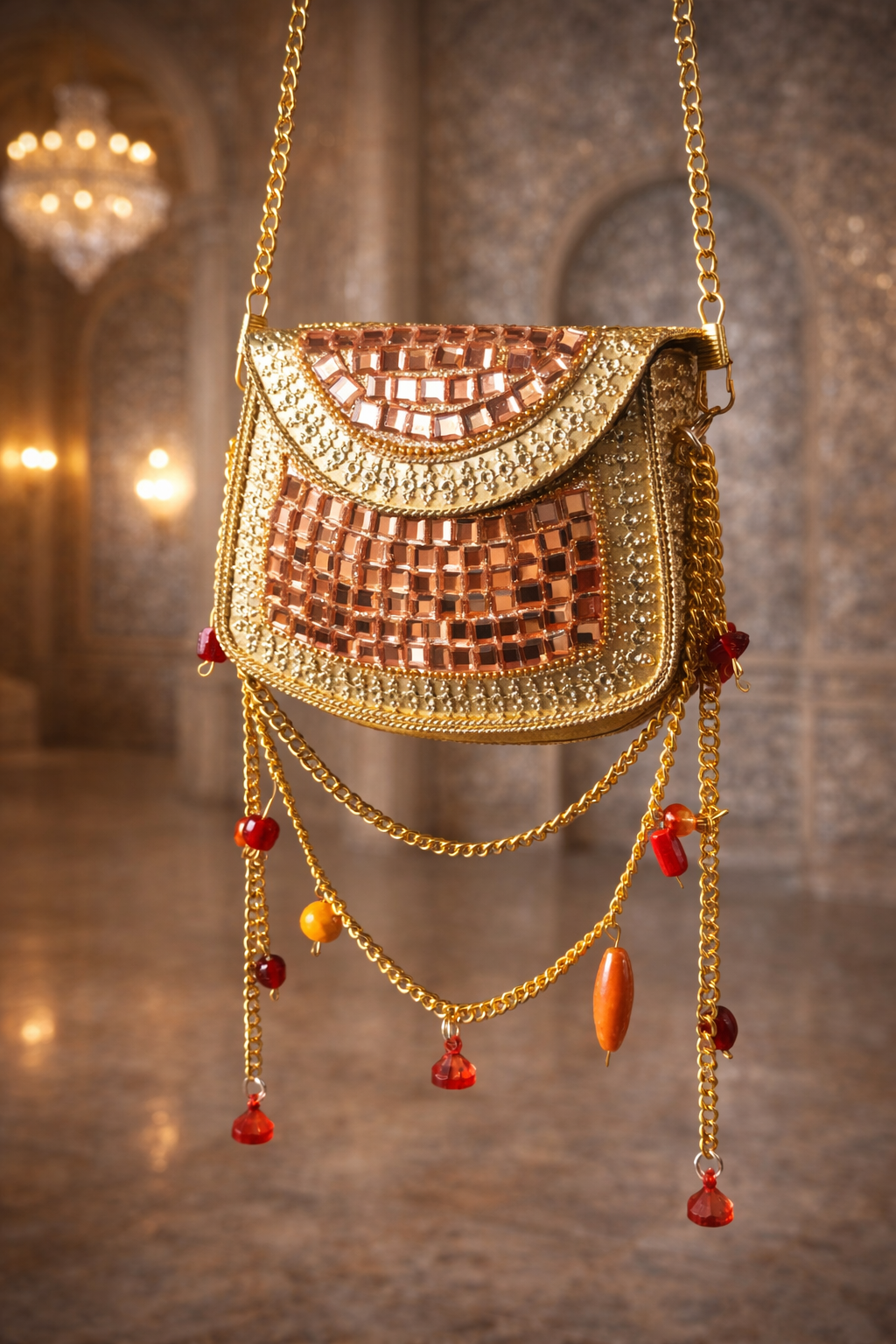 Sheesh Mahal Nano bags - Rose Gold with brass and red beads