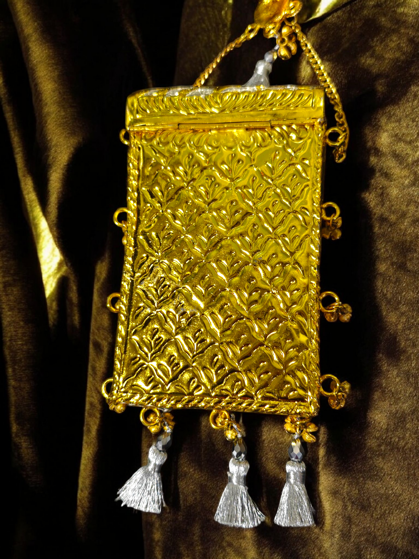 Dual Tone Rectangular Mobile Challah with ghungroo latkans and silver tassels