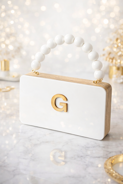 Colour Block Personalized wooden Clutch in beaded handle