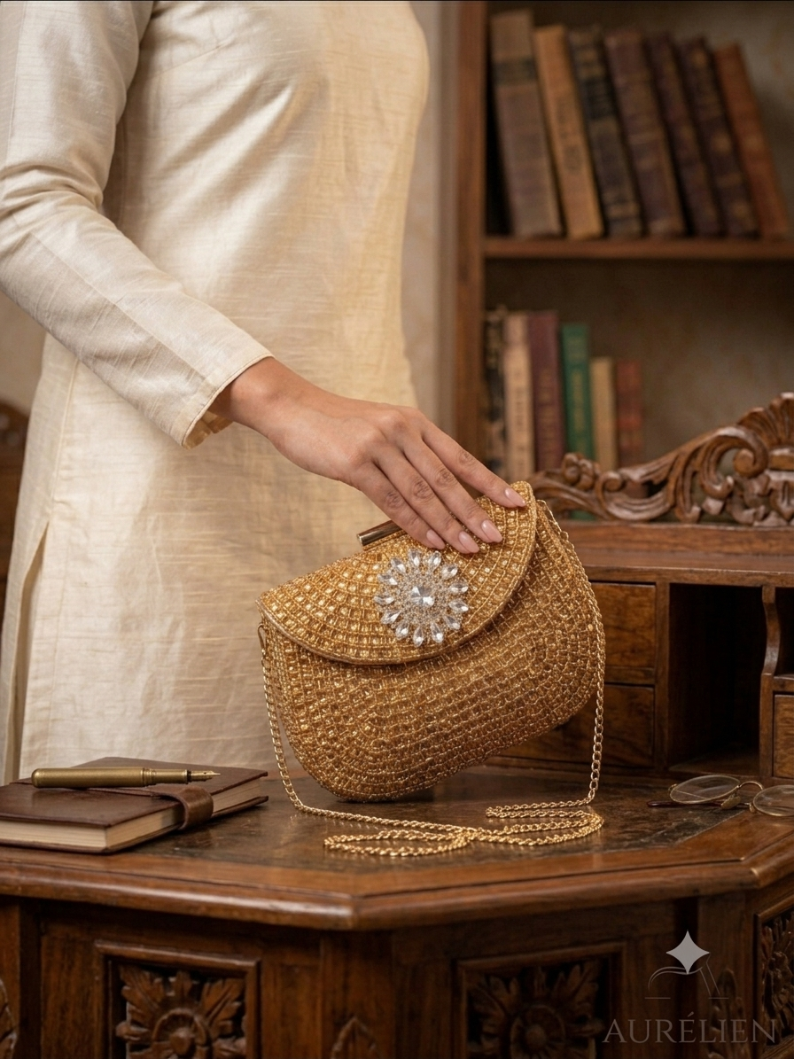 Sheesh Mahal Buta glass mosaic brass clutch Gold square