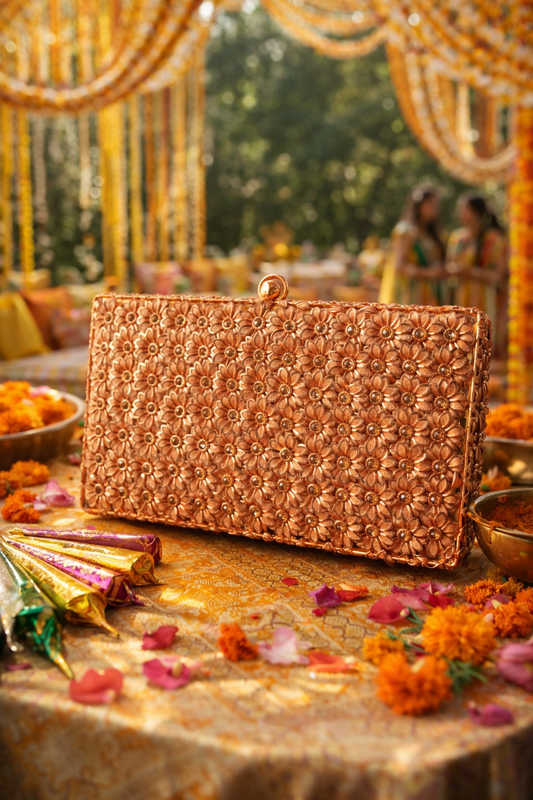 Rosé Éclat – 3D Floral Brass Clutch