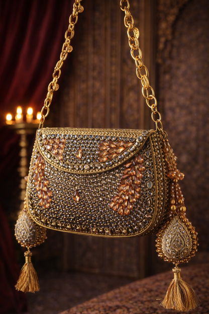 Sheesh Mahal Moha Peach crystal and kundan handbag