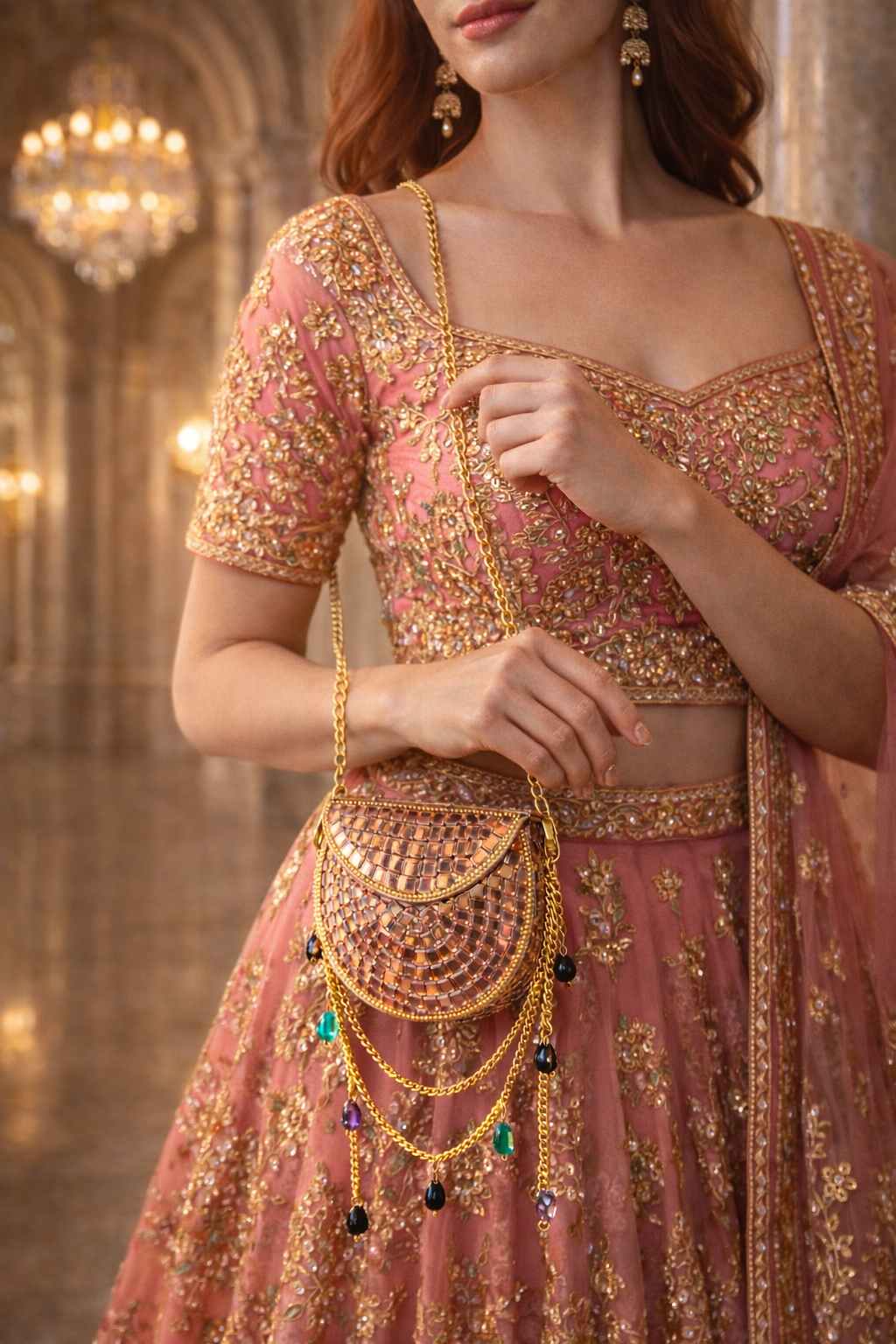 Sheesh Mahal Nano Bags- Rose Gold with Green Crystals