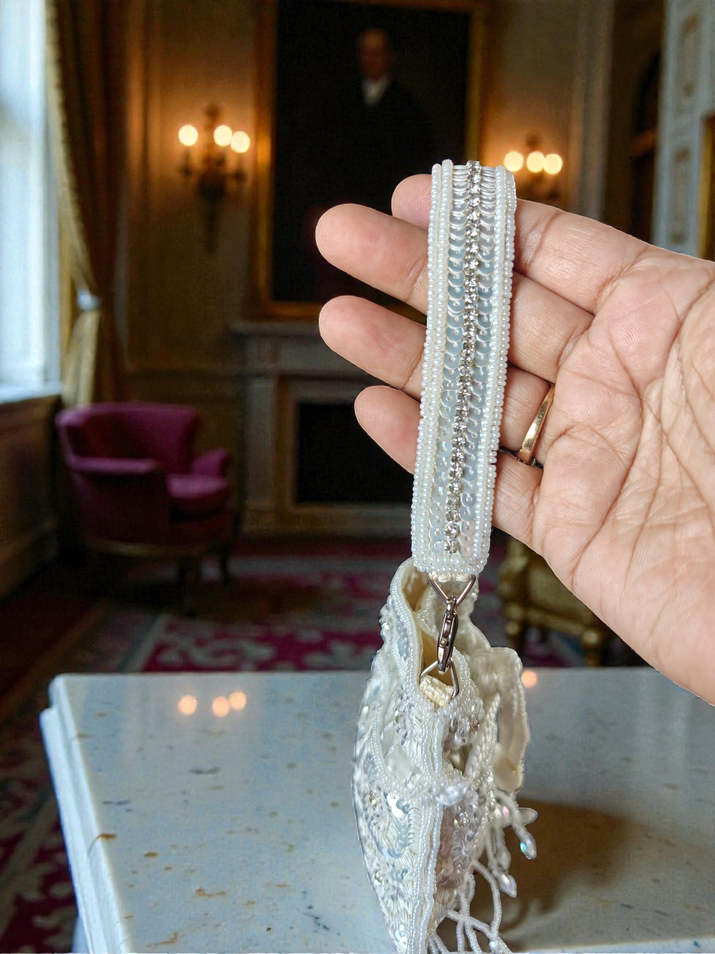 The Mini Embroidered Potli in Sparkling White sequins n crystals