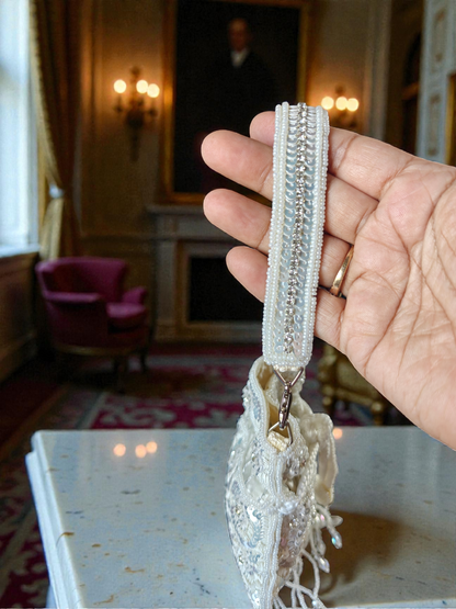 The Mini Embroidered Potli in Sparkling White sequins n crystals