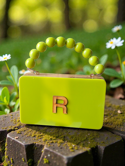 Colour Block Personalized wooden Clutch in beaded handle