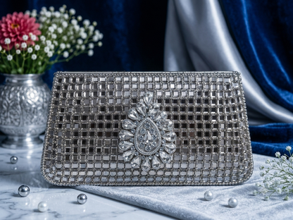 Sheesh Mahal Buta Glass Mosaic Brass Bag Silver Rectangle