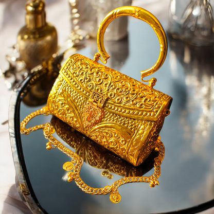 Amara handcrafted intricate detail Royal Gold Brass handbag