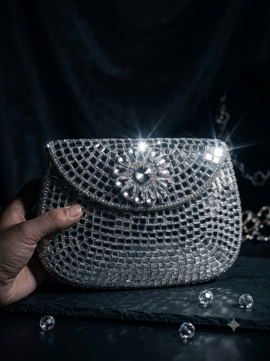 Sheesh Mahal Buta Glass mosaic brass clutch Silver Square