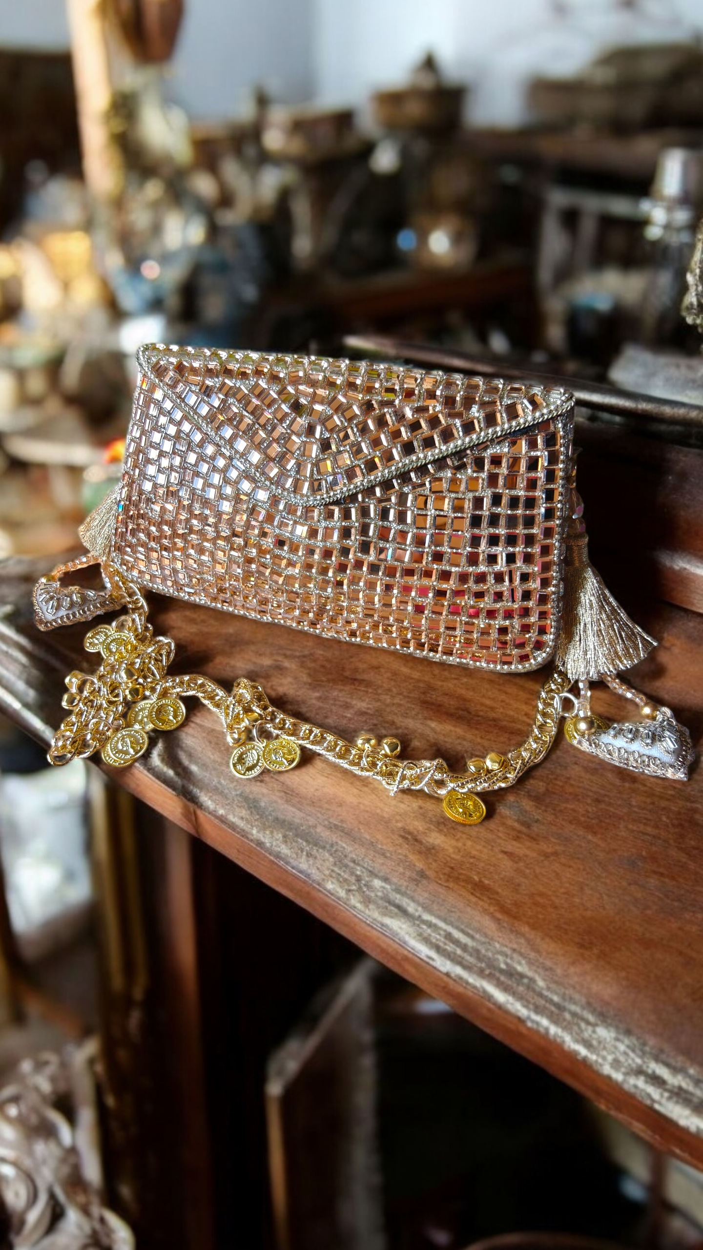 Sheesh Mahal Glass Mosaic Rectangular clutch in Rose Gold