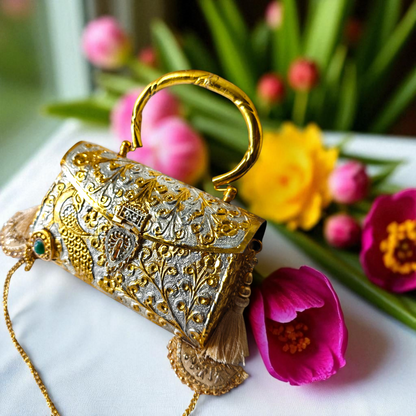 Peacock Engraved Dual Tone Brass Bag with tassels