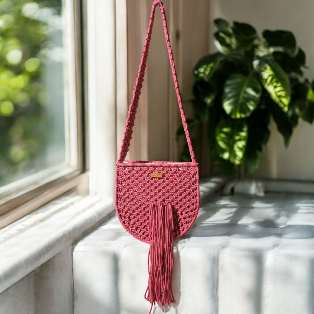 Boho Macrame Fringe Bag- Maroon Magic