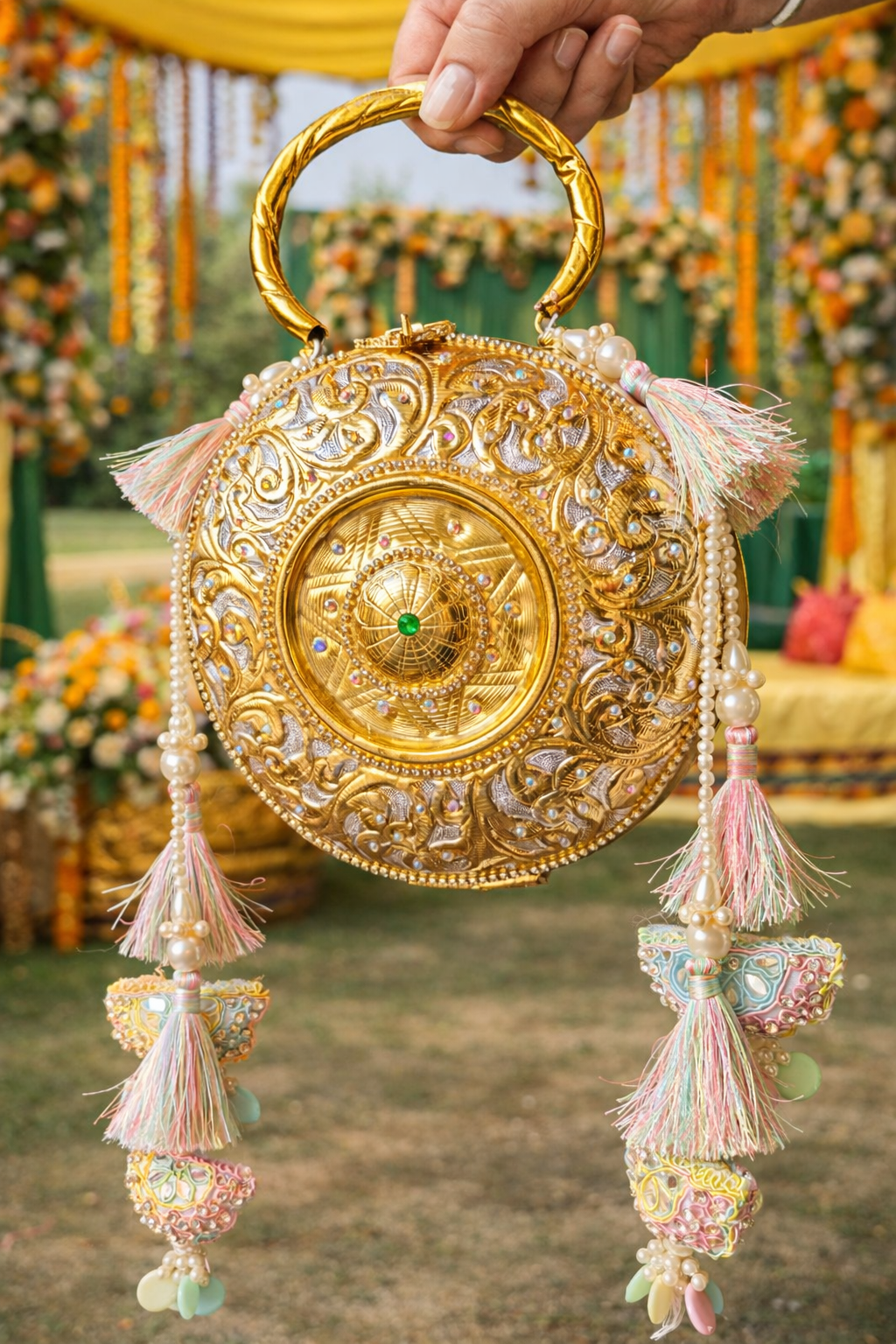 The Suvarna collection - Mandala crystal stone brass bag