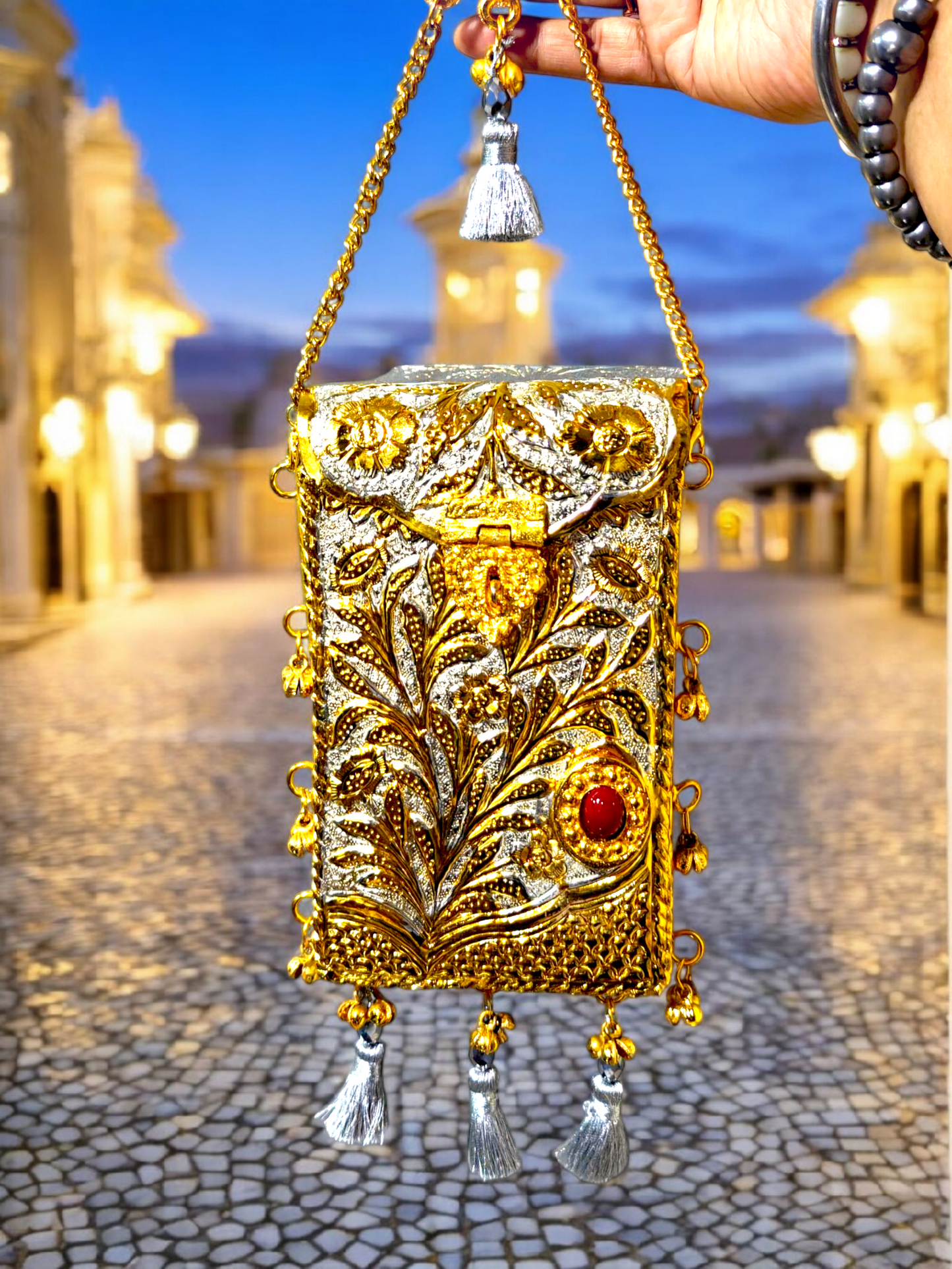 Dual Tone Rectangular Mobile Challah with ghungroo latkans and silver tassels