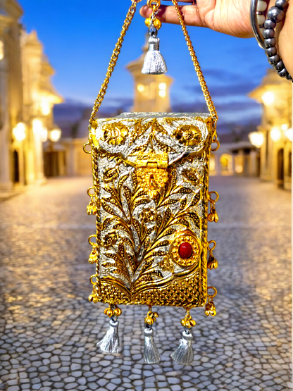 Dual Tone Rectangular Mobile Challah with ghungroo latkans and silver tassels