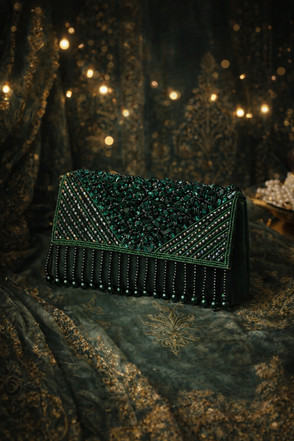 Emerald embellished velvet party clutch