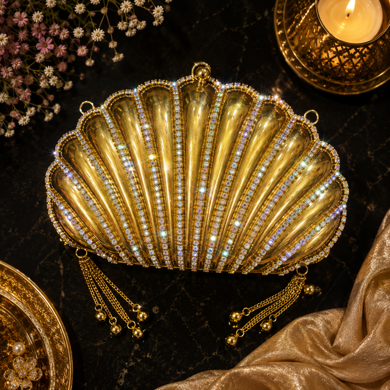 Heera Clutch - Dazzling RhineStone Shell shaped Brass Bag