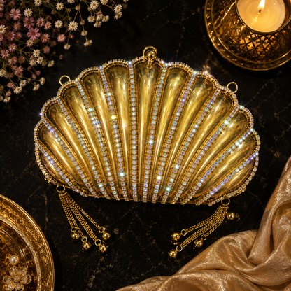 Heera Clutch - Dazzling RhineStone Shell shaped Brass Bag